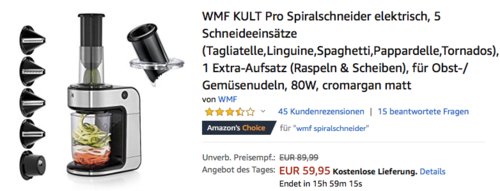 WMF KULT Pro Spiralschneider mit 5 Schneideeinsätzen - jetzt 9% billiger WMF KULT Pro Spiralschneider mit 5 Schneideeinsätzen - jetzt 9% billiger