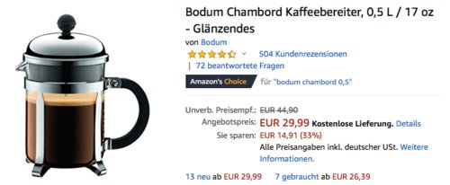 Bodum Chambord Kaffeebereiter, 0,5 L, glänzend - jetzt 11% billiger