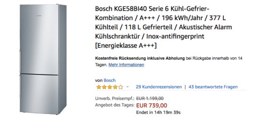 Bosch KGE58BI40 Serie 6 Kühl-Gefrier-Kombination, A+++, 191 cm - jetzt 5% billiger Bosch KGE58BI40 Serie 6 Kühl-Gefrier-Kombination, A+++, 191 cm - jetzt 5% billiger