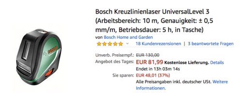 Bosch Kreuzlinienlaser UniversalLevel 3, 10 m Arbeitsbereich Bosch Kreuzlinienlaser UniversalLevel 3, 10 m Arbeitsbereich