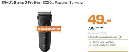BRAUN Series 3 ProSkin - 3020s Herrenrasierer, schwarz BRAUN Series 3 ProSkin - 3020s Herrenrasierer, schwarz