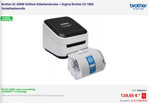 Brother VC-500W Vollfarb-Etikettendrucker inkl. Orginal Brother CZ-1005 Farbetikettenrolle Brother VC-500W Vollfarb-Etikettendrucker inkl. Orginal Brother CZ-1005 Farbetikettenrolle