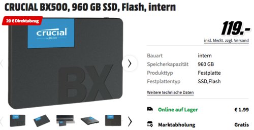 CRUCIAL BX500 960 GB interne SSD-Festplatte CRUCIAL BX500 960 GB interne SSD-Festplatte