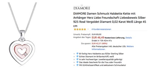 DIAMORE Damen Schmuck Halskette mit Herz-Anhänger, Silber 925, Diamant 0,02 Karat, 45 cm lang DIAMORE Damen Schmuck Halskette mit Herz-Anhänger, Silber 925, Diamant 0,02 Karat, 45 cm lang