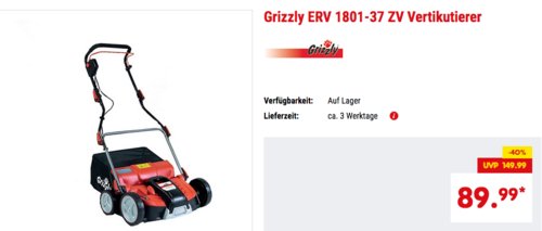 Grizzly ERV 1801-37 ZV Vertikutierer, elektrischer Rasenlüfter Grizzly ERV 1801-37 ZV Vertikutierer, elektrischer Rasenlüfter