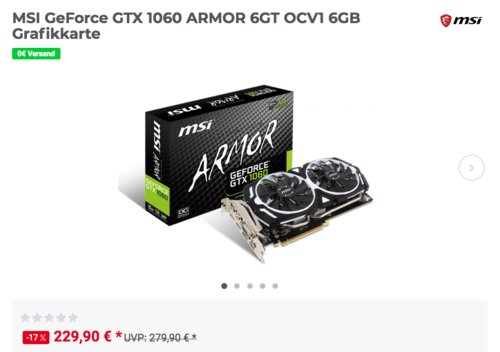 MSI GeForce GTX 1060 ARMOR 6GT OCV1 6GB Grafikkarte MSI GeForce GTX 1060 ARMOR 6GT OCV1 6GB Grafikkarte