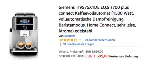 Siemens TI9575X1DE EQ.9 s700 plus connect Kaffeevollautomat mit DualBean System Siemens TI9575X1DE EQ.9 s700 plus connect Kaffeevollautomat mit DualBean System