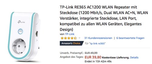 TP-Link RE365 AC1200 WLAN Repeater mit Steckdose, 1200 Mbit/s TP-Link RE365 AC1200 WLAN Repeater mit Steckdose, 1200 Mbit/s