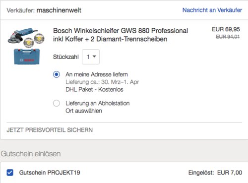 Bosch Professional Winkelschleifer GWS 880 inkl. Koffer + 2 Diamant-Trennscheiben - jetzt 20% billiger Bosch Professional Winkelschleifer GWS 880 inkl. Koffer + 2 Diamant-Trennscheiben - jetzt 20% billiger