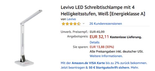 Levivo LED Schreibtischlampe mit 4 Helligkeitsstufen, weiß - jetzt 30% billiger
