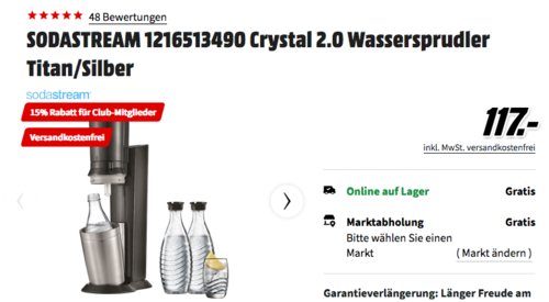 MediaMarkt: bis 15% Rabatt für alle MediaMarkt Club-Mitglieder: z.B. SODASTREAM Crystal 2.0 Wassersprudler inkl. 3x0.6-Liter Glaskaraffen MediaMarkt: bis 15% Rabatt für alle MediaMarkt Club-Mitglieder: z.B. SODASTREAM Crystal 2.0 Wassersprudler inkl. 3x0.6-Liter Glaskaraffen