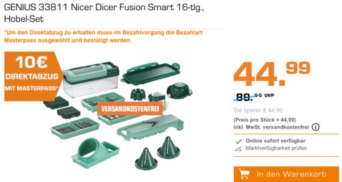 MediaMarkt - bis zu 15€ Rabatt bei Zahlung mit Masterpass: z.B.GENIUS 33811 Nicer Dicer Fusion Smart 16-tlg., Hobel-Set - jetzt 22% billiger MediaMarkt - bis zu 15€ Rabatt bei Zahlung mit Masterpass: z.B.GENIUS 33811 Nicer Dicer Fusion Smart 16-tlg., Hobel-Set - jetzt 22% billiger