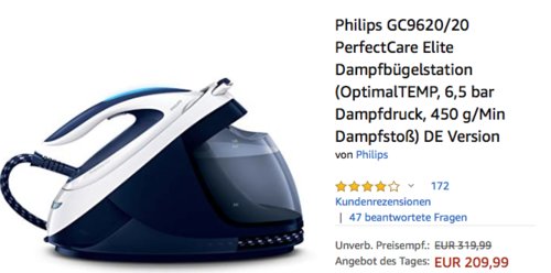 Philips GC9620/20 PerfectCare Elite Dampfbügelstation, 450 g/Min Dampfstoß - jetzt 19% billiger Philips GC9620/20 PerfectCare Elite Dampfbügelstation, 450 g/Min Dampfstoß - jetzt 19% billiger