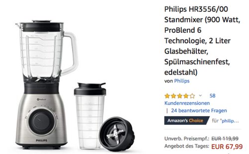 Philips HR3556/00 Standmixer, 900 Watt, 2 Liter Glasbehälter Philips HR3556/00 Standmixer, 900 Watt, 2 Liter Glasbehälter