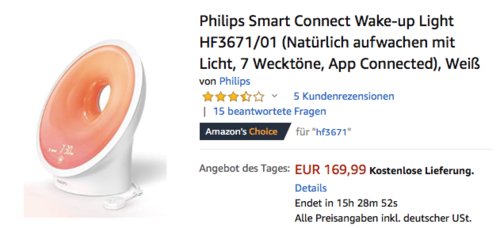 Philips Smart Connect Wake-up Light Tageslichtwecker HF3671/01 - jetzt 15% billiger Philips Smart Connect Wake-up Light Tageslichtwecker HF3671/01 - jetzt 15% billiger