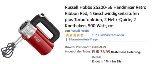 Russell Hobbs 25200-56 Retro Handmixer, 500 Watt, rot Russell Hobbs 25200-56 Retro Handmixer, 500 Watt, rot