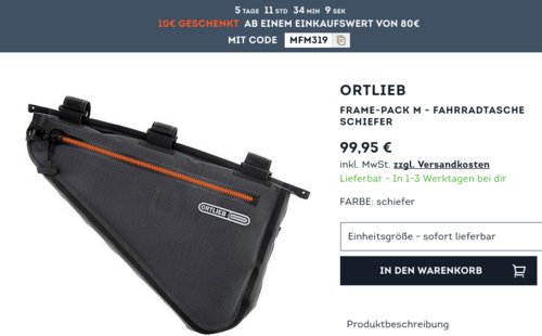 SportScheck.com - 10 Rabatt ab 80 Mindestbestellwert: z.B. ORTLIEB Frame-Pack M Fahrradtasche SportScheck.com - 10 Rabatt ab 80 Mindestbestellwert: z.B. ORTLIEB Frame-Pack M Fahrradtasche
