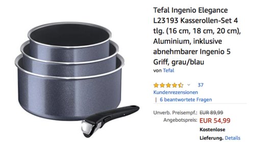 Tefal Ingenio Elegance L23193 Kasserollen-Set, grau/blau, 4-tlg. - jetzt 15% billiger Tefal Ingenio Elegance L23193 Kasserollen-Set, grau/blau, 4-tlg. - jetzt 15% billiger