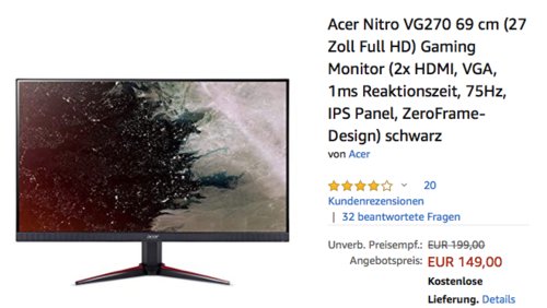 Acer Nitro VG270 69 cm (27 Zoll) Gaming Monitor, 1ms Reaktionszeit Acer Nitro VG270 69 cm (27 Zoll) Gaming Monitor, 1ms Reaktionszeit