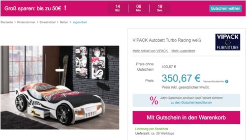 Babymarkt.de - bis zu 50 Rabatt auf fast alles: z.B. VIPACK Autobett "Turbo Racing" in Weiß - jetzt 12% billiger