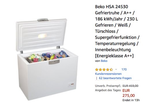 Beko HSA 24530 Gefriertruhe 230 Liter, A++ Beko HSA 24530 Gefriertruhe 230 Liter, A++