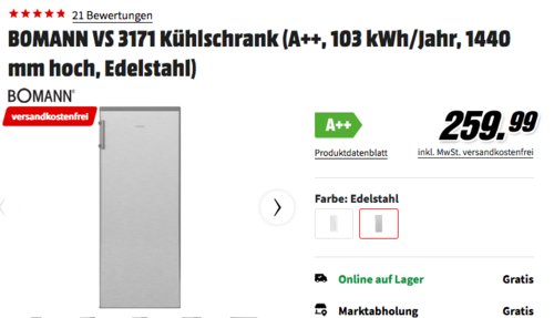 Bomann VS 3171 Kühlschrank Edelstahl-Optik, 144 cm hoch, A++ - jetzt 13% billiger