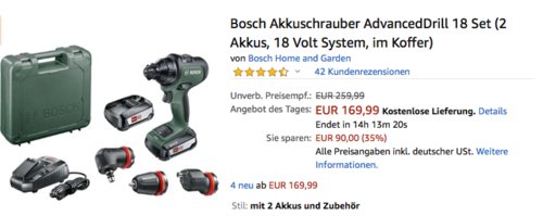 Bosch Akkuschrauber AdvancedDrill 18 Set (inkl. 2 Akkus und Koffer) Bosch Akkuschrauber AdvancedDrill 18 Set (inkl. 2 Akkus und Koffer)