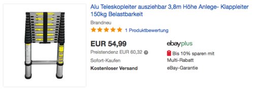 Eaxus Alu-Teleskopleiter 3,8 Meter, max. 150kg Belastbarkeit Eaxus Alu-Teleskopleiter 3,8 Meter, max. 150kg Belastbarkeit