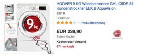 HOOVER GHL C9DE-84 Wäschetrockner, 9KG, EEK: B - jetzt 13% billiger