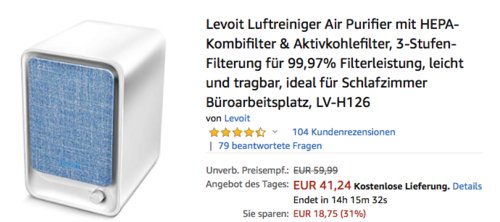 Levoit LV-H126 Luftreiniger mit HEPA-Kombifilter & Aktivkohlefilter Levoit LV-H126 Luftreiniger mit HEPA-Kombifilter & Aktivkohlefilter