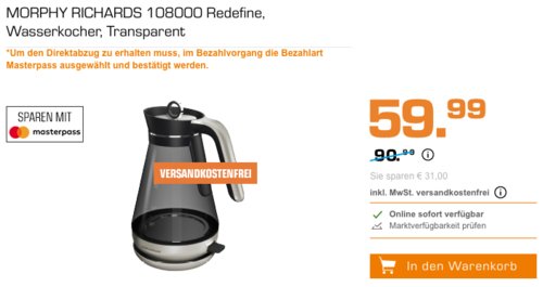 MORPHY RICHARDS 108000 Redefine Wasserkocher, 1.5 Liter MORPHY RICHARDS 108000 Redefine Wasserkocher, 1.5 Liter