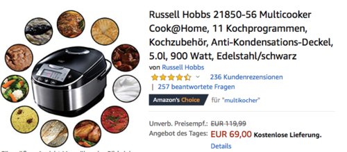 Russell Hobbs 21850-56 Cook@Home Multicooker mit 11 Kochprogrammen Russell Hobbs 21850-56 Cook@Home Multicooker mit 11 Kochprogrammen