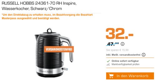 RUSSELL HOBBS 24361-70 RH Inspire 1,7 Liter Wasserkocher, Schwarz/Chrom RUSSELL HOBBS 24361-70 RH Inspire 1,7 Liter Wasserkocher, Schwarz/Chrom