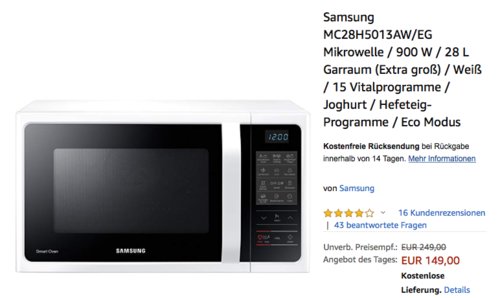 Samsung MC28H5013AW/EG Mikrowelle mit 28 Liter Garraum, weiß Samsung MC28H5013AW/EG Mikrowelle mit 28 Liter Garraum, weiß