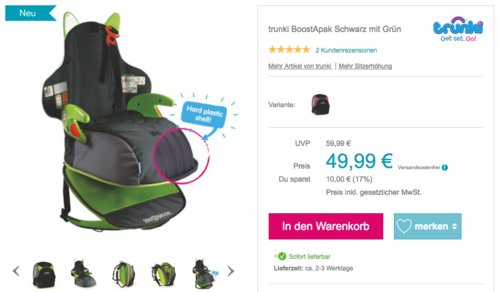 Trunki BoostApak Kinderrucksack mit integriertem Kindersitz Gruppe 2/3, grün Trunki BoostApak Kinderrucksack mit integriertem Kindersitz Gruppe 2/3, grün