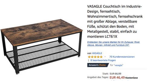 VASAGLE Couchtisch im Industrie-Design (LCT61X), 106,2 x 45 x 60,2 cm VASAGLE Couchtisch im Industrie-Design (LCT61X), 106,2 x 45 x 60,2 cm