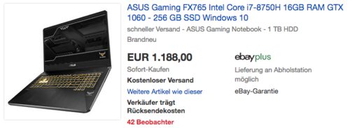 Asus TUF FX765GM-EV191T 17,3 Zoll Gaming Laptop (i7-8750H, 16GB RAM, GTX 1060 6 GB, 256 GB SSD, Windows 10) Asus TUF FX765GM-EV191T 17,3 Zoll Gaming Laptop (i7-8750H, 16GB RAM, GTX 1060 6 GB, 256 GB SSD, Windows 10)