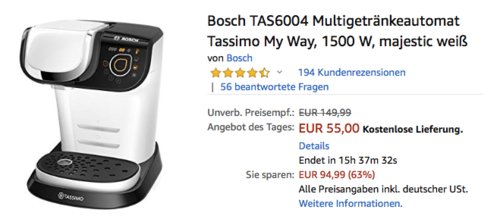 Bosch TAS6004 Multigetränkeautomat "Tassimo My Way", Kapselmaschine für über 40 Getränke beliebter Marken - jetzt 15% billiger