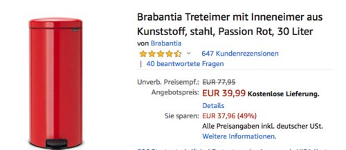 Brabantia Treteimer "NewIcon" mit Inneneimer in Passion Rot, 30 Liter Brabantia Treteimer "NewIcon" mit Inneneimer in Passion Rot, 30 Liter