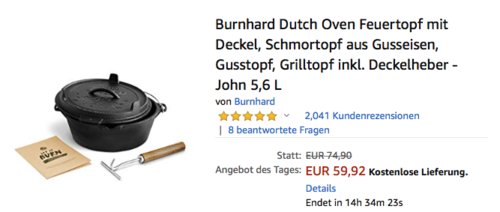 Burnhard Dutch Oven "John", 5,6 Liter Feuertopf mit Deckel Burnhard Dutch Oven "John", 5,6 Liter Feuertopf mit Deckel