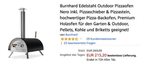 Burnhard Edelstahl Outdoor Pizzaofen "Nero" inkl. Pizzaschieber & Pizzastein - jetzt 14% billiger