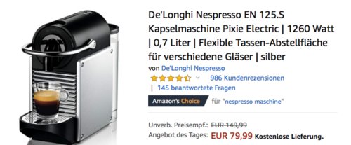 De'Longhi Nespresso EN 125.S Kapselmaschine "Pixie Electric", silber - jetzt 21% billiger De'Longhi Nespresso EN 125.S Kapselmaschine "Pixie Electric", silber - jetzt 21% billiger