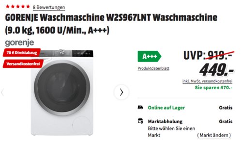GORENJE Waschmaschine W2S967LNT (9.0 kg, 1600 U/Min., A+++) - jetzt 16% billiger