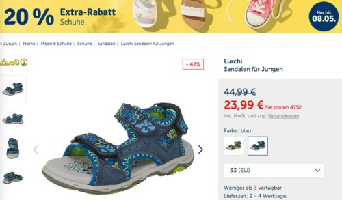 myToys 20 % Extra-Rabatt auf ausgewählte Schuhe: z.B. Lurchi Sandalen für Jungen (Blau, Gr. 33) myToys 20 % Extra-Rabatt auf ausgewählte Schuhe: z.B. Lurchi Sandalen für Jungen (Blau, Gr. 33)