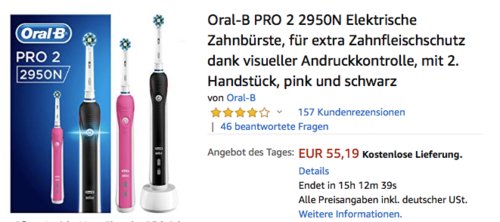 Oral-B PRO 2 2950N Elektrische Zahnbürste mit 2. Handstück, pink und schwarz Oral-B PRO 2 2950N Elektrische Zahnbürste mit 2. Handstück, pink und schwarz