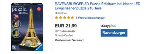 RAVENSBURGER 12579 3D Puzzle "Eiffelturm bei Nacht", 47 cm hoch RAVENSBURGER 12579 3D Puzzle "Eiffelturm bei Nacht", 47 cm hoch