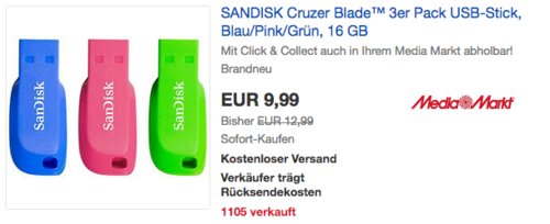 SANDISK Cruzer Blade™ 3er Pack USB-Stick (Blau/Pink/Grün), 16 GB SANDISK Cruzer Blade™ 3er Pack USB-Stick (Blau/Pink/Grün), 16 GB