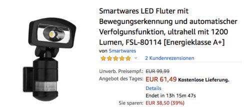 Smartwares FSL-80114 LED-Fluter mit Bewegungserkennung und Verfolgunsfunktion, 1200 Lumen - jetzt 18% billiger Smartwares FSL-80114 LED-Fluter mit Bewegungserkennung und Verfolgunsfunktion, 1200 Lumen - jetzt 18% billiger