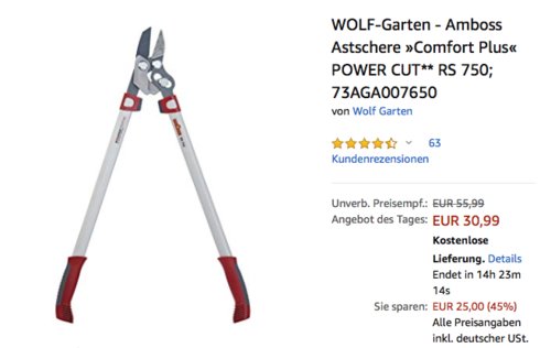WOLF-Garten - Amboss Astschere "Comfort Plus" RS 750, für abgestorbenes und hartes Holz bis max. 50 mm - jetzt 20% billiger