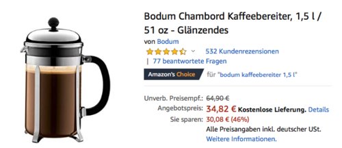 Bodum Chambord Kaffeebereiter, 1,5 Liter Bodum Chambord Kaffeebereiter, 1,5 Liter